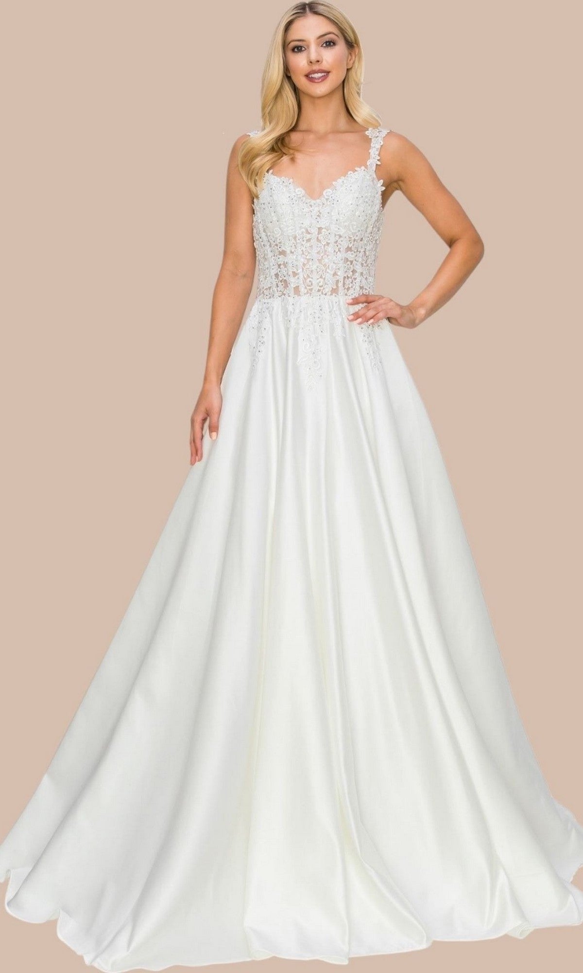 A woman stands wearing the Cinderella Couture 8041J Long Formal Dress, featuring a satin white finish with a lace corset bodice and a full skirt—perfectly suited for bridal celebrations—against a plain beige background.